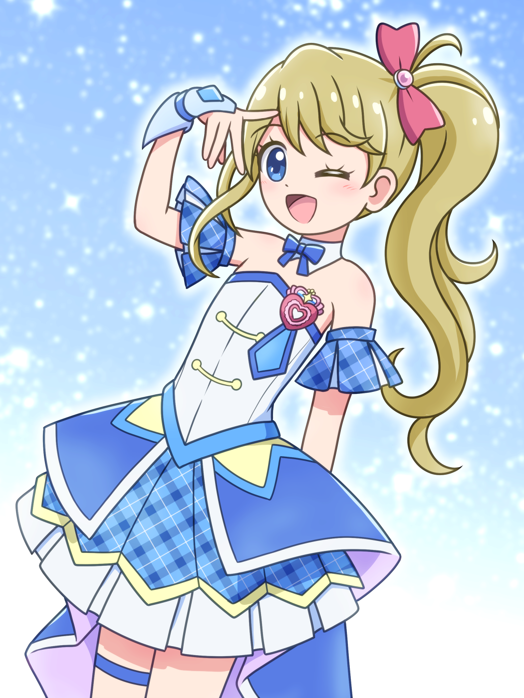 1girl, ;d, arm_behind_back, bare_shoulders, blonde_hair, blue_background, blue_dress, blue_eyes