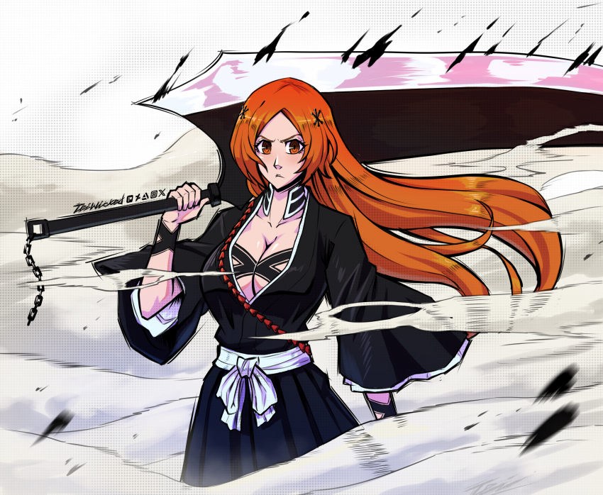 1girl, absurdres, alternate_universe, arm_tattoo, artist_name, black_hakama, black_kimono, bleach, breast_tattoo, breasts, center_opening, cleavage, closed_mouth, floating_hair, hair_ornament, hakama, highres, holding, holding_sword, holding_weapon, inoue_orihime, japanese_clothes, kimono, large_breasts, long_hair, long_sleeves, looking_at_viewer, orange_eyes, orange_hair, sash, serious, shinigami, smoke, solo, sword, tattoo, teiwicked, weapon, white_sash, wide_sleeves, zangetsu_(shikai), zanpakutou