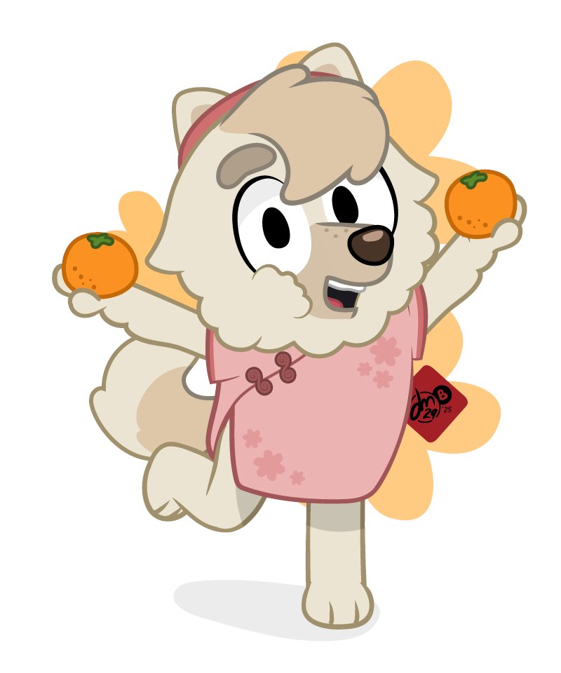 1girl, 2025, artist_logo, bluey, china_dress, chinese_clothes, chinese_new_year, dress, food, fruit, holding, holding_food, holding_fruit, judacris, judo_(bluey), logo, mandarin_orange, open_mouth, smile, standing, standing_on_one_leg, white_background