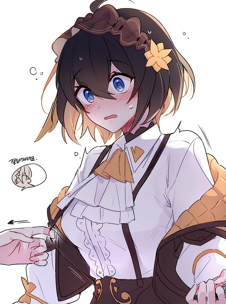 2girls, 6_(yuchae), ascot, black_hair, blue_eyes, blush, breasts, bronya_zaychik, brown_ascot, brown_hair, brown_headdress, center_frills, collared_shirt, colored_inner_hair, commentary_request, frills, honkai_(series), honkai_impact_3rd, jacket, korean_commentary, korean_text, multicolored_hair, multiple_girls, off_shoulder, open_mouth, seele_vollerei, seele_vollerei_(dream_seeker), seele_vollerei_(swallowtail_phantasm), shirt, short_hair, solo_focus, suspenders, suspenders_pull, translation_request, two-tone_hair, white_ascot, white_shirt