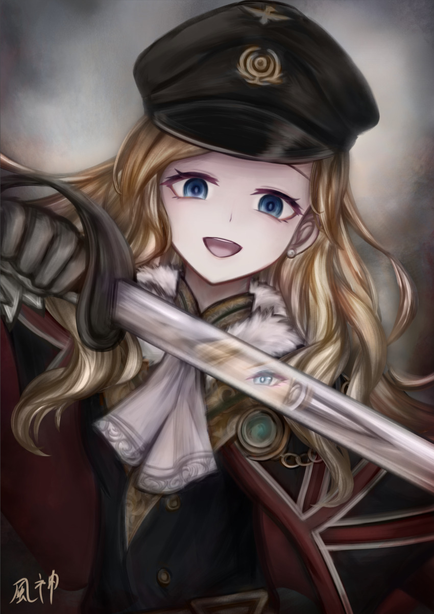 2girls, :d, ascot, azur_lane, black_hat, blonde_hair, blue_dress, blue_eyes