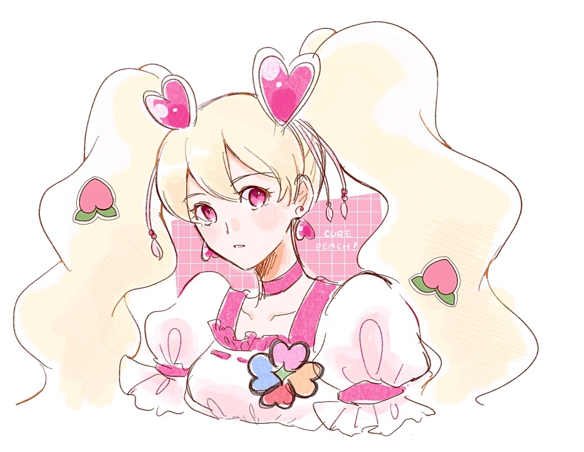 1girl, blonde_hair, brooch, choker, cropped_shoulders, cure_peach, earrings, food