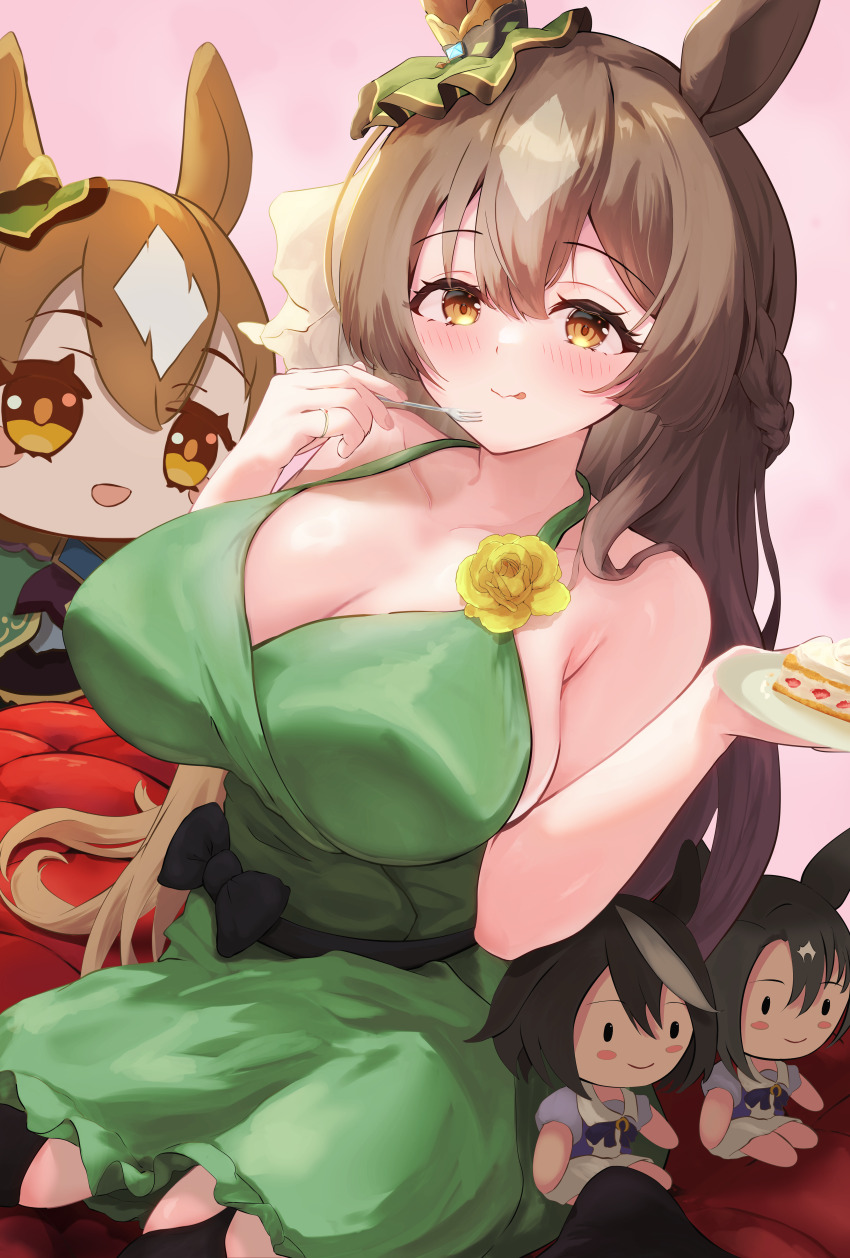 1girl, :d, absurdres, animal_ears, bare_shoulders, braid, breasts, brown_eyes