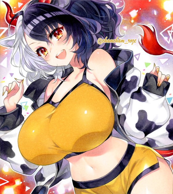 1girl, :d, animal_ears, bare_shoulders, black_hair, blush, breasts, chacham