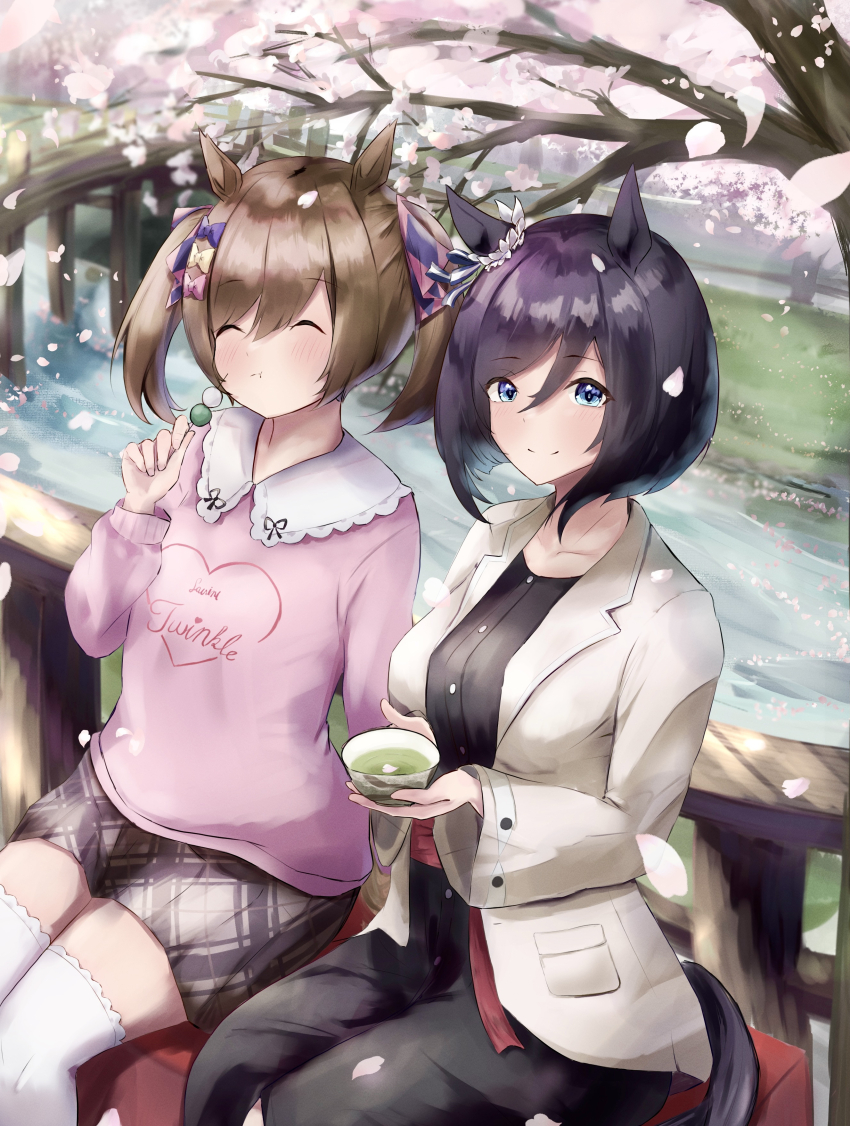 2girls, absurdres, animal_ears, black_dress, black_hair, blue_eyes, blush, bob_cut