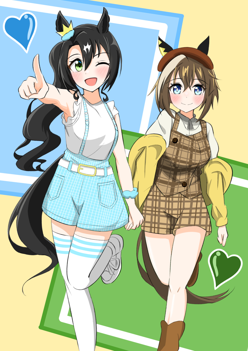2girls, ;d, absurdres, abyss_kpn_(ki), animal_ears, beret, black_hair, blue_eyes, blue_shorts, brown_footwear, brown_hair, brown_hat, brown_shorts, brown_vest, cheval_grand_(umamusume), collared_shirt, ear_covers, green_eyes, hair_between_eyes, hat, heart, highres, holding_hands, horse_ears, horse_girl, horse_tail, long_hair, looking_at_viewer, multicolored_hair, multiple_girls, official_alternate_costume, one_eye_closed, open_mouth, plaid_clothes, plaid_shorts, plaid_vest, sanrio, satono_crown_(umamusume), shirt, shorts, side_ponytail, sleeveless, sleeveless_shirt, smile, streaked_hair, suspenders, tail, thighhighs, umamusume, vest, white_footwear, white_hair, white_shirt, white_thighhighs
