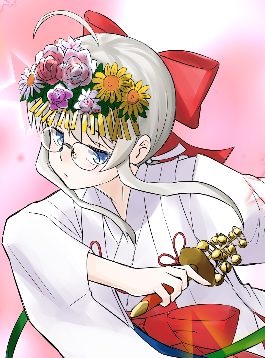 1girl, ahoge, bell, blue_eyes, chihaya_(clothing), glasses, grey_hair, hair_flower_band