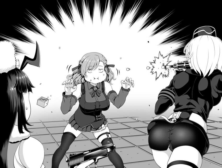 3girls, ahoge, ass, collared_shirt, commentary_request, detached_sleeves, girls'_frontline, greyscale