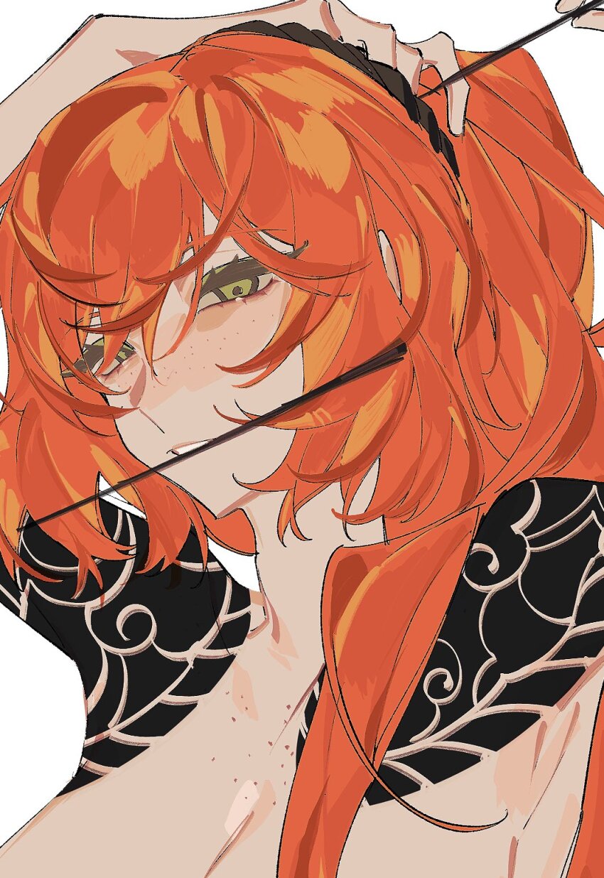 1girl, acell1224, armpits, arms_up, bare_shoulders, body_freckles, breasts, cleavage