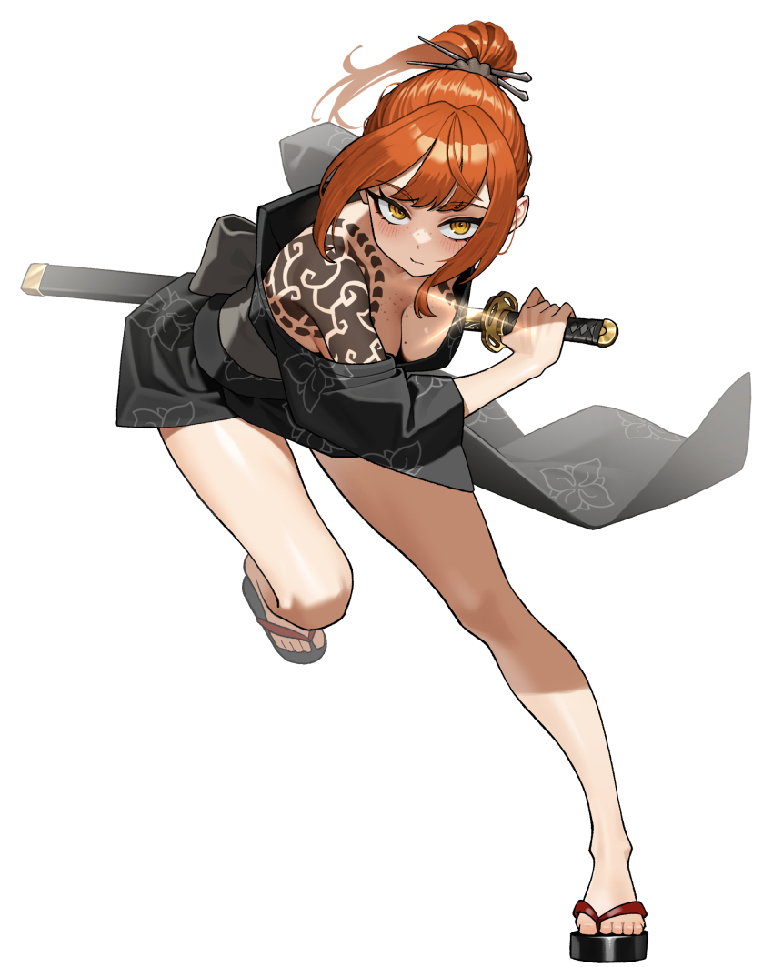 1girl, absurdres, arm_tattoo, black_kimono, blush, body_freckles, breasts, brown_hairband, cleavage, closed_mouth, commentary, cosplay, drawing_sword, english_commentary, floral_print, freckles, full_body, glint, hair_ornament, hairband, hairpin, highres, holding, holding_sword, holding_weapon, ishmael_(project_moon), japanese_clothes, katana, kimono, kurokumo_clan_(identity)_(project_moon), limbus_company, long_hair, long_sleeves, looking_at_viewer, mole, mole_on_breast, oni, orange_hair, project_moon, sayo_(project_moon), sayo_(project_moon)_(cosplay), scabbard, sheath, sidelocks, simple_background, solo, sparkle, sword, tabi, tattoo, unsheathing, weapon, white_background, wide_sleeves, yaritoo