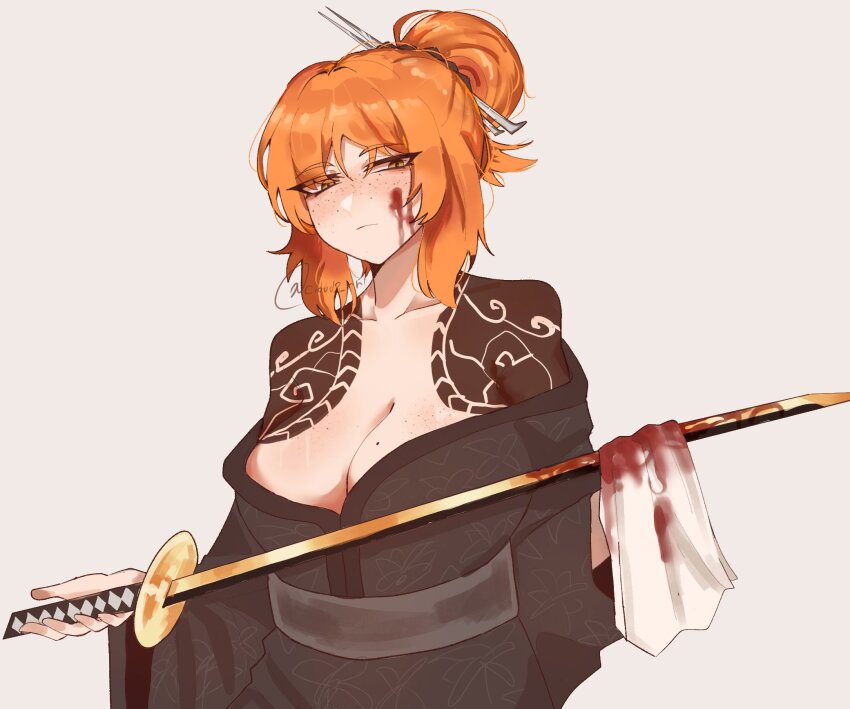 1girl, bare_shoulders, black_kimono, blood, blood_on_face, bloody_weapon, body_freckles, breasts
