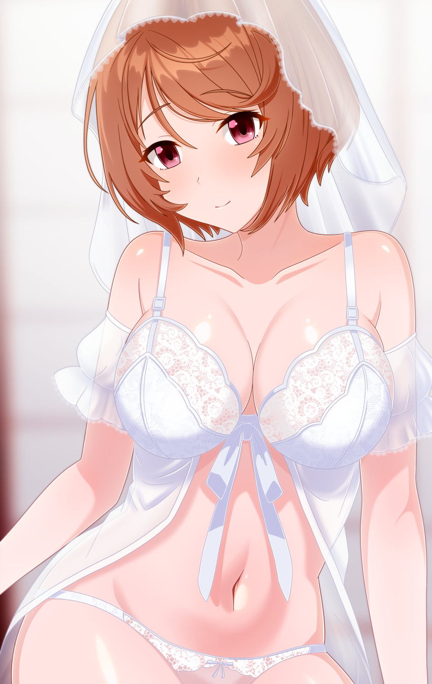 1girl, absurdres, bare_shoulders, blurry, blurry_background, blush, breasts, bridal_veil, brown_hair, cleavage, closed_mouth, collarbone, dress, dullahan_(alekey_art), highres, large_breasts, lingerie, looking_at_viewer, navel, off_shoulder, panties, red_eyes, saiga_rei_(shangri-la_frontier), shangri-la_frontier, short_hair, simple_background, smile, solo, stomach, thighs, underwear, veil, wedding_dress, white_panties