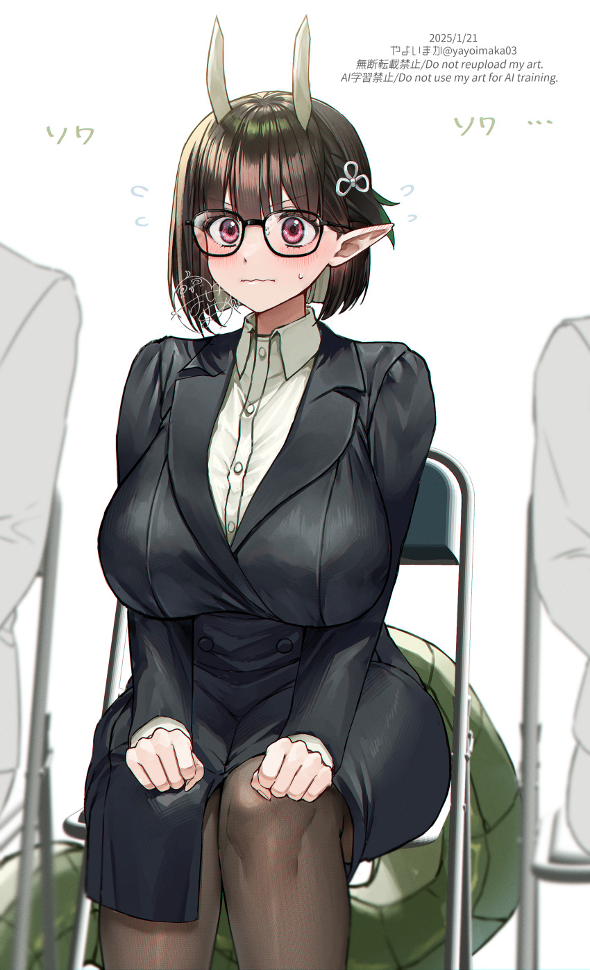 1girl, absurdres, biscione_(fate), biscione_(first_ascension)_(fate), blush, breasts, brown_hair, chair, dragon_girl, dragon_tail, fate/grand_order, fate_(series), glasses, highres, horns, large_breasts, long_sleeves, red_eyes, short_hair, sitting, solo_focus, tail, yayoi_maka
