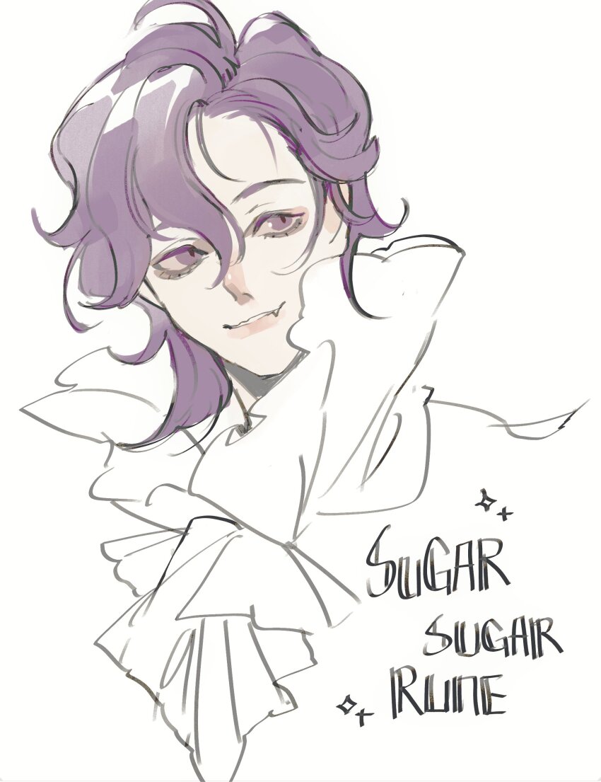 1boy, absurdres, ascot, bad_id, bad_twitter_id, copyright_name, hair_between_eyes, high_collar, highres, leirbs2s2, looking_to_the_side, male_focus, purple_eyes, purple_hair, rockin'_robin_(sugar_sugar_rune), shirt, short_hair, simple_background, smile, solo, sugar_sugar_rune, white_ascot, white_background, white_shirt