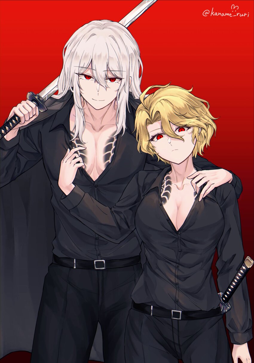 1boy, 1girl, absurdres, ahoge, belt, black_coat, black_pants, black_shirt