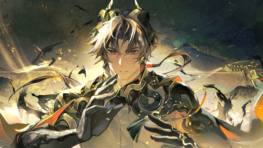 1boy, absurdres, arknights, black_eyes, black_hair, black_shirt, chongyue_(arknights), colored_extremities, commentary, dao_jisland, earrings, english_commentary, fighting_stance, hair_intakes, hands_up, highres, horns, jewelry, light_particles, long_hair, looking_at_viewer, male_focus, parted_lips, pointy_ears, shirt, solo, upper_body, white_shirt