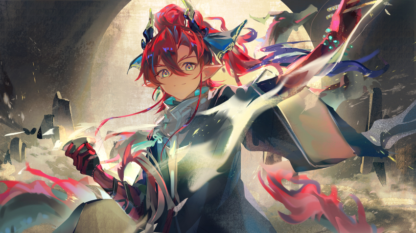 1boy, absurdres, arknights, arm_up, beads, black_jacket, closed_mouth, colored_extremities