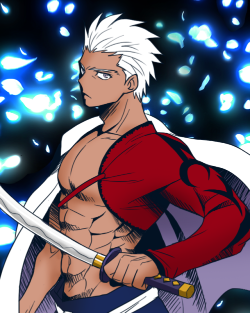 1boy, abs, archer_(fate), cape, commentary_request, cosplay, dark-skinned_male, dark_skin