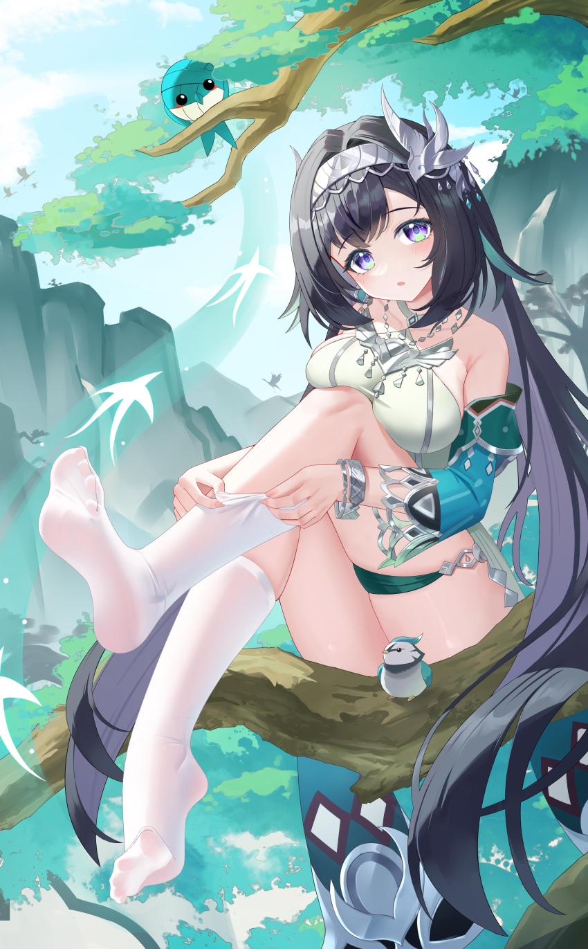 1girl, absurdres, aqua_bird, aqua_sleeves, bare_shoulders, bird, bird_hair_ornament, black_footwear, black_hair, blush, breasts, chinese_commentary, collarbone, commentary_request, day, detached_sleeves, fingernails, genshin_impact, hair_between_eyes, hair_ornament, hairband, high_heels, highres, in_tree, jndfh, lan_yan_(genshin_impact), large_breasts, large_variant_set, long_hair, looking_at_viewer, outdoors, parted_lips, pixiv_logo, pixiv_username, purple_eyes, sitting, sitting_in_tree, sitting_on_branch, solo, tree, variant_set, very_long_hair, white_hairband