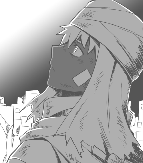 1boy, archer_(fate), bandaid, bandaid_on_cheek, bandaid_on_face, commentary_request, fate/stay_night, fate_(series), from_side, frown, greyscale, looking_up, male_focus, monochrome, murasaki_kaname, portrait, solo, turban