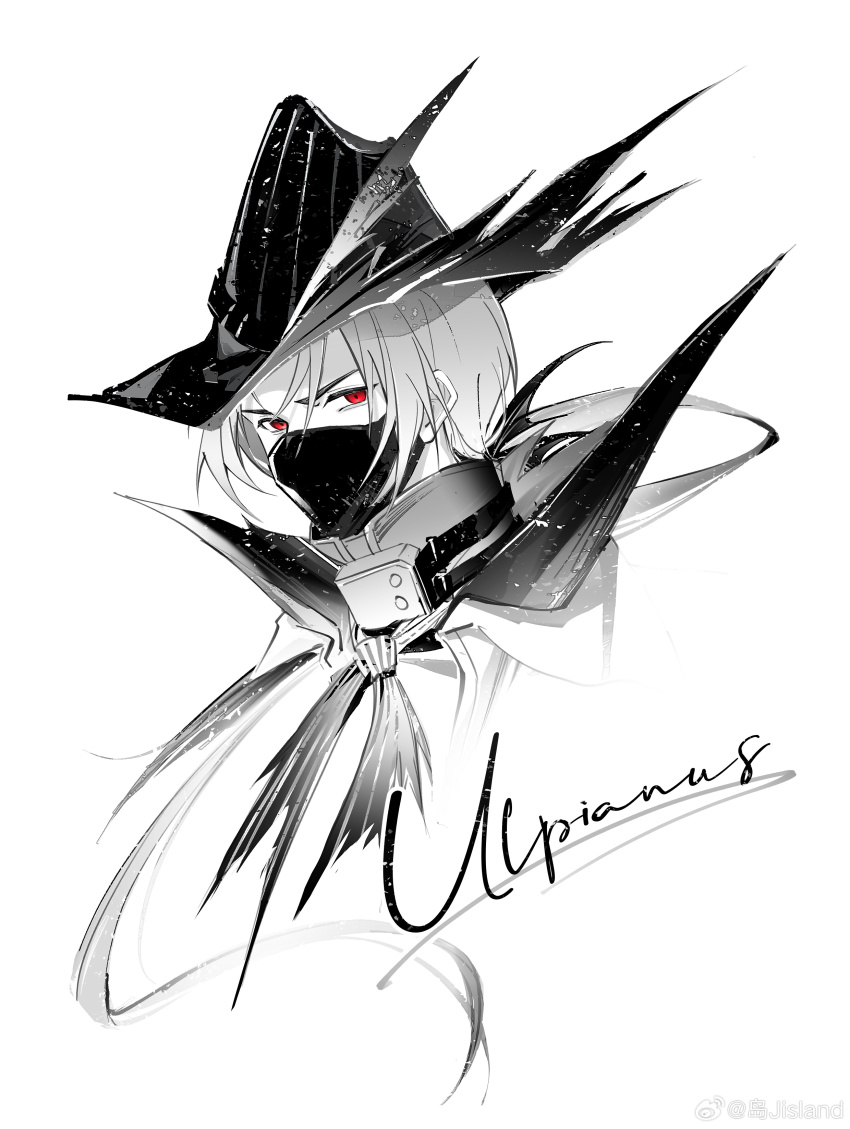 1boy, absurdres, arknights, character_name, chinese_commentary, commentary_request, covered_mouth, cropped_shoulders