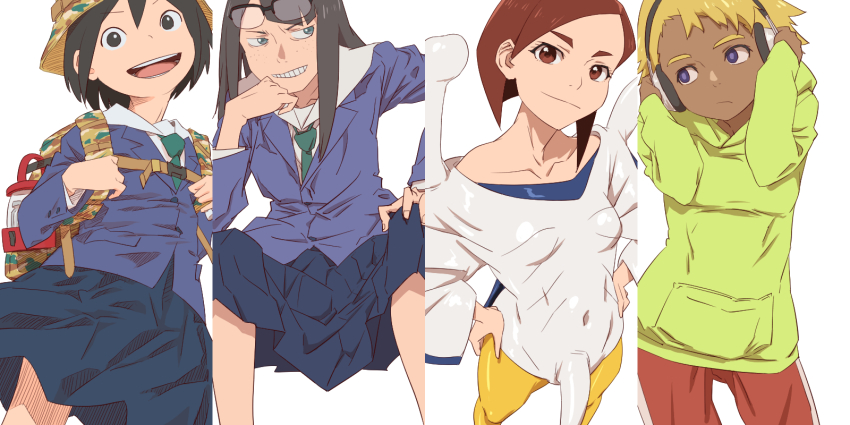 4girls, aonori_misuji, asakusa_midori, backpack, bag, black_hair, blonde_hair, bob_cut