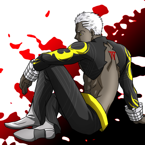 1boy, abs, back_tattoo, black_pants, commentary_request, crew_cut, cuffs, dark-skinned_male