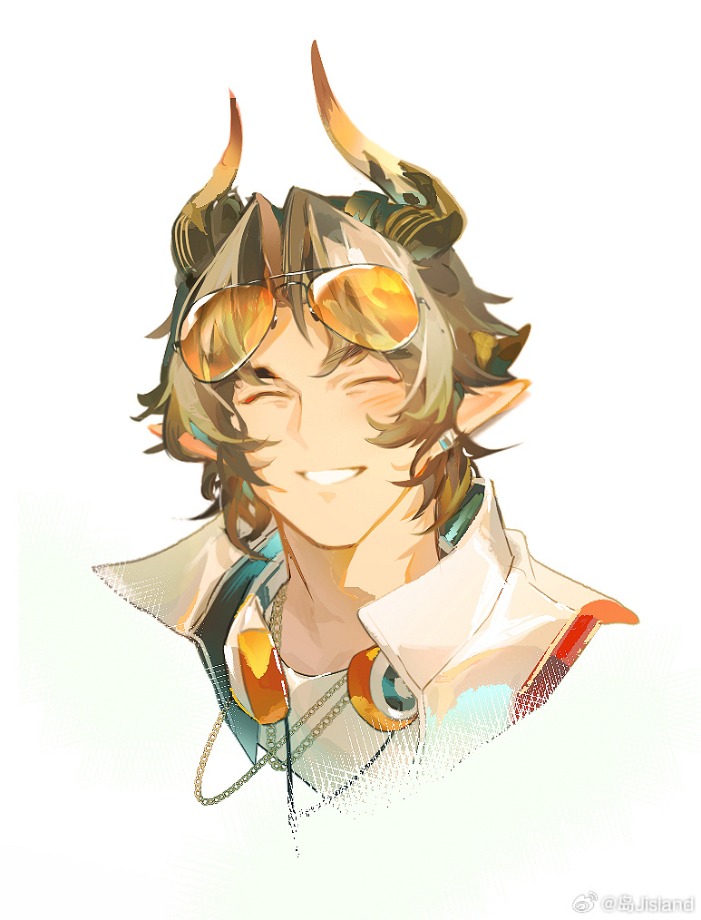 1boy, :d, ^_^, arknights, brown_hair, chain, chain_necklace, chinese_commentary