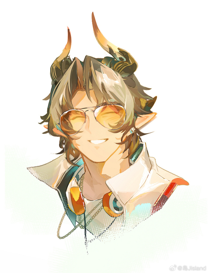 1boy, :d, ^_^, arknights, brown_hair, chain, chain_necklace, chinese_commentary