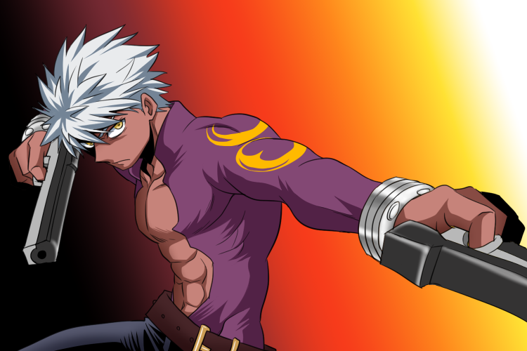 1boy, abs, archer_(fate), belt, brown_belt, commentary_request, cosplay, dual_wielding, emiya_alter, emiya_alter_(cosplay), fate/grand_order, fate_(series), finger_on_trigger, frown, gun, holding, holding_gun, holding_weapon, male_focus, murasaki_kaname, orange_background, pectorals, self_cosplay, serious, solo, upper_body, weapon, white_hair, yellow_eyes