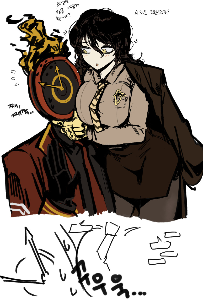 1boy, absurdres, black_hair, breasts, brown_coat, coat, coat_on_shoulders, collared_shirt, commentary_request, dante_(limbus_company), diagonal-striped_clothes, diagonal-striped_necktie, flying_sweatdrops, genderswap, genderswap_(mtf), highres, herbert_(project_moon), korean_commentary, korean_text, large_breasts, limbus_company, long_sleeves, messy_hair, miniskirt, necktie, object_head, open_mouth, pantyhose, pocket_watch, project_moon, shirt, simple_background, skirt, sparkle, striped_clothes, striped_necktie, translation_request, ttaldallu, watch, white_background, white_shirt, yellow_eyes