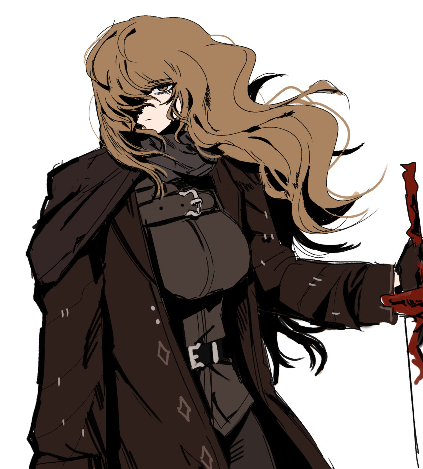 1girl, belt, breasts, brown_coat, brown_eyes, brown_gloves, brown_hair, coat