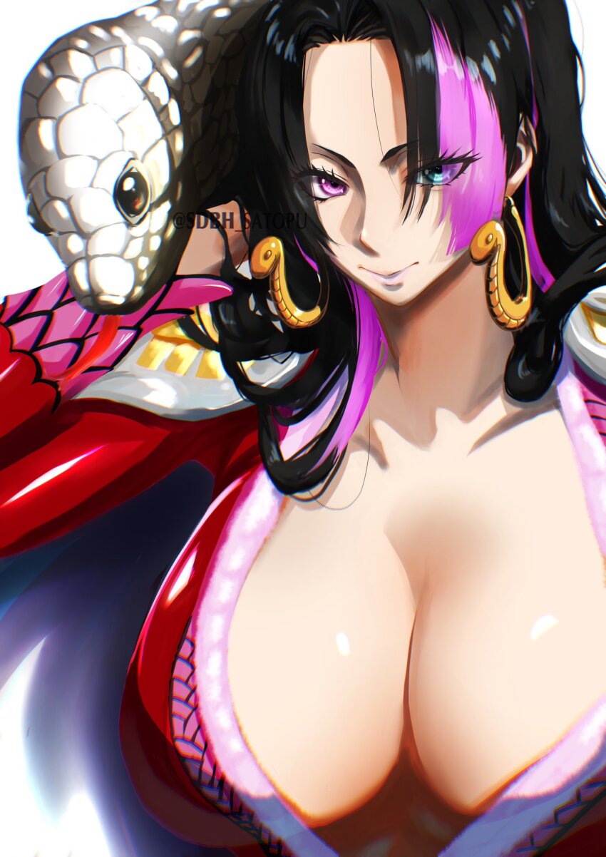 black_hair, blue_eyes, boa_hancock, boa_hancock_(cosplay), breasts, collarbone, cosplay, earrings