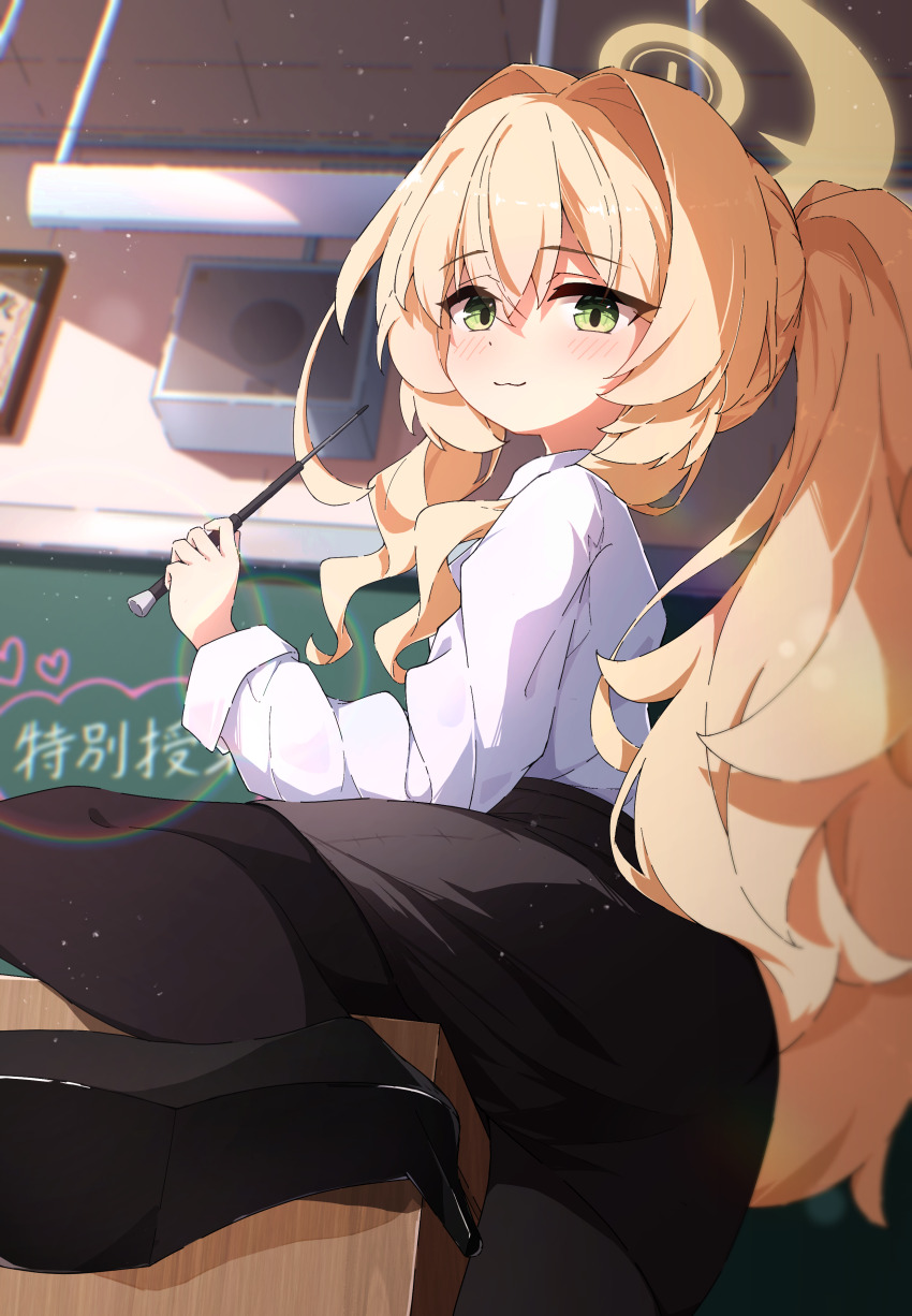 1girl, :3, absurdres, alternate_costume, alternate_hairstyle, black_pantyhose, black_skirt, blue_archive, blush, chalkboard, classroom, desk, dot_nose, fluffy_hair, green_eyes, hair_between_eyes, halo, hand_up, high_heels, highres, leg_up, loli, long_hair, long_sleeves, looking_at_viewer, moru_(moru20000), on_desk, pantyhose, pencil_skirt, ponytail, professor_niyaniya_(blue_archive), professor_niyaniya_(teacher)_(blue_archive), shirt, shirt_tucked_in, side_ahoge, sitting, skirt, smile, very_long_hair, wavy_hair, white_shirt, yellow_halo