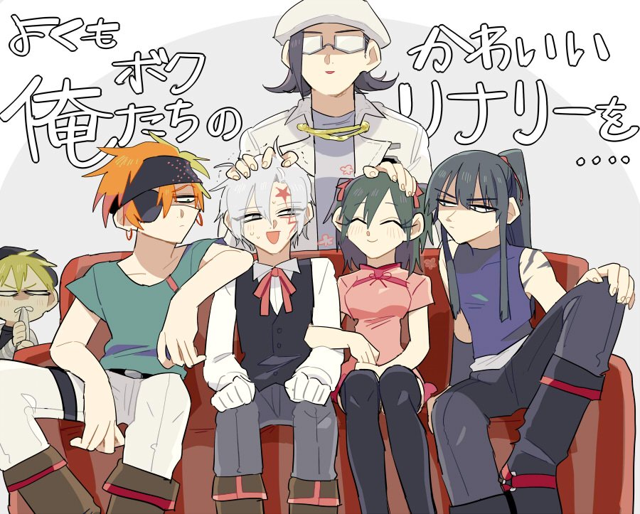 1girl, 5boys, allen_walker, angry, annoyed, arm_on_another's_shoulder, badge, bak_chang, bare_shoulders, belt, black_footwear, black_hair, black_hat, black_headband, black_thighhighs, black_vest, blonde_hair, blue_shirt, blush, boots, brown_footwear, closed_eyes, closed_mouth, coat, collared_shirt, couch, d.gray-man, dress, earrings, eyepatch, facial_mark, glasses, gloves, green_hair, green_shirt, grey_eyes, grey_pants, grey_shirt, hair_ribbon, hand_on_another's_head, hand_on_own_knee, hat, headband, high_ponytail, holding_another's_arm, jewelry, kanda_yuu, komui_lee, lavi, lenalee_lee, long_hair, looking_ahead, looking_at_another, medium_hair, multiple_boys, nervous, on_couch, one_eye_covered, open_mouth, orange_hair, pants, pink_dress, ponytail, red_ribbon, ribbon, shirt, short_sleeves, sidelocks, sleeveless, sleeveless_shirt, smile, star_(symbol), star_facial_mark, sweat, t-shirt, thigh_strap, thighhighs, two_side_up, vest, white_coat, white_gloves, white_hair, white_hat, white_pants, white_shirt, xmori_6