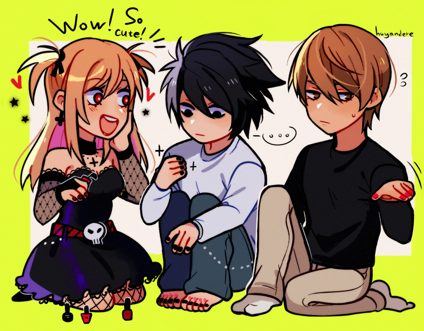 1girl, 2boys, absurdres, amane_misa, arm_warmers, belt, black_nails, blonde_hair
