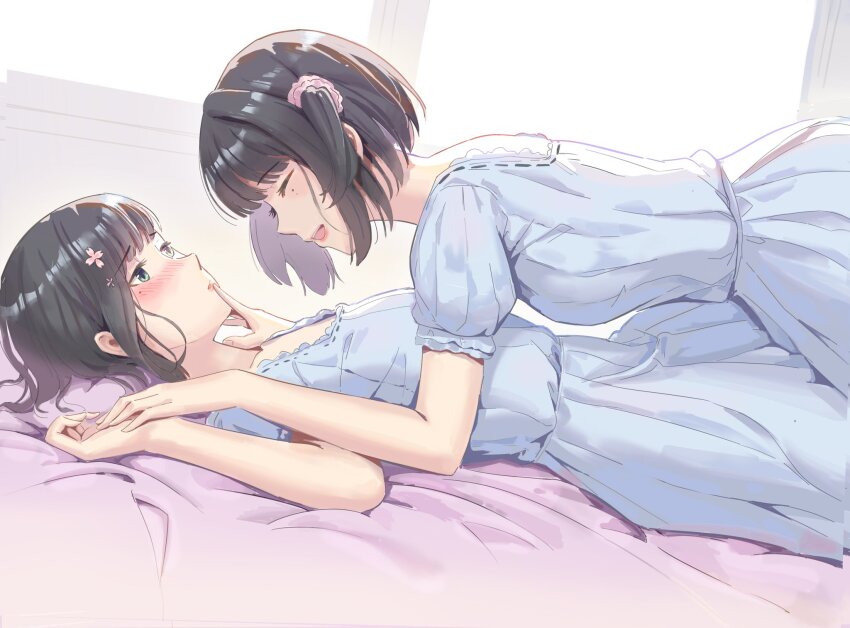 2girls, :d, bed_sheet, blue_nightgown, closed_eyes, commentary, finger_to_another's_mouth, flower