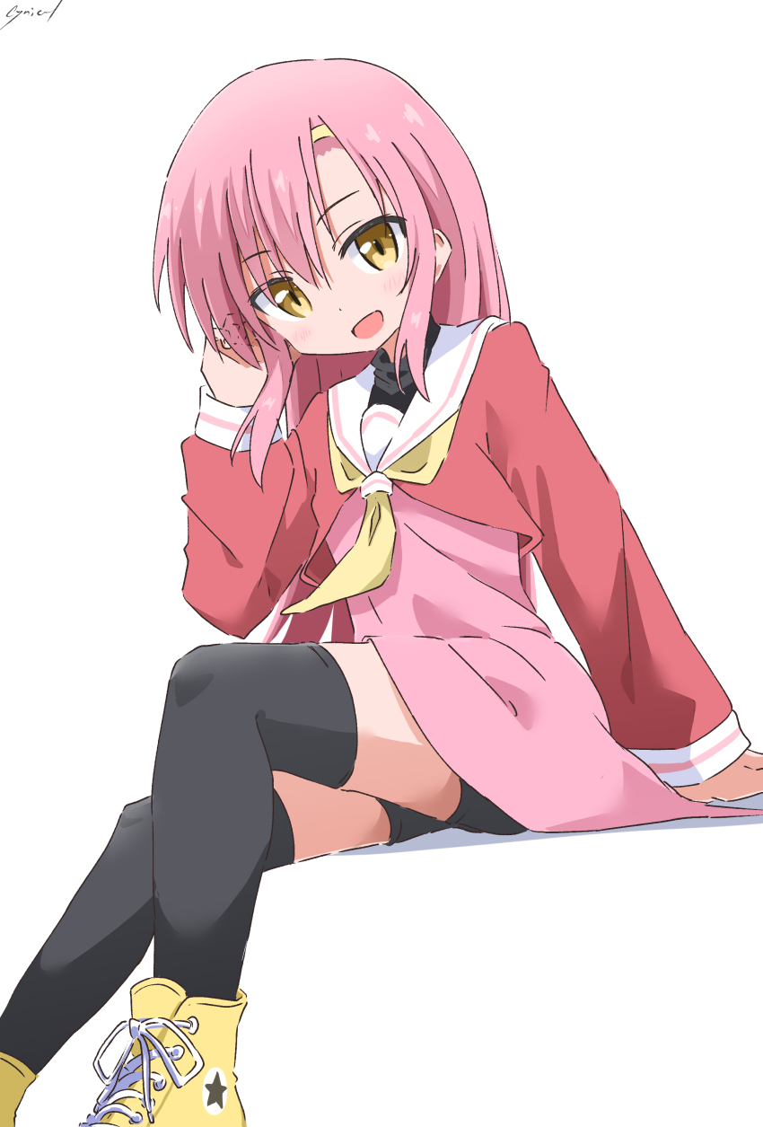 1girl, :d, absurdres, bike_shorts, bike_shorts_under_skirt, black_shirt, black_thighhighs, blush