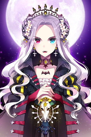 1girl, bat_(animal), blue_eyes, double_bun, earrings, fangs, female_focus, flat_chest, goth_fashion, gothic_lolita, hair_bun, hair_ornament, heterochromia, jewelry, lolita_fashion, long_hair, lowres, luna_flina, moon, nardack, night, no_bangs, open_mouth, purple_hair, red_eyes, silver_hair, skull, sky, solo, star_(sky), starry_sky, sword, sword_girls, vampire, weapon