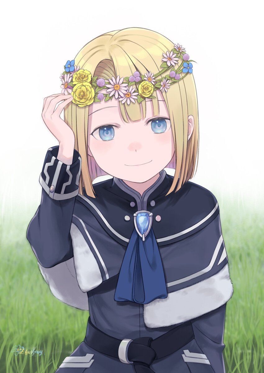 1boy, absurdres, aged_down, arm_up, belt, blonde_hair, blue_capelet, blue_coat