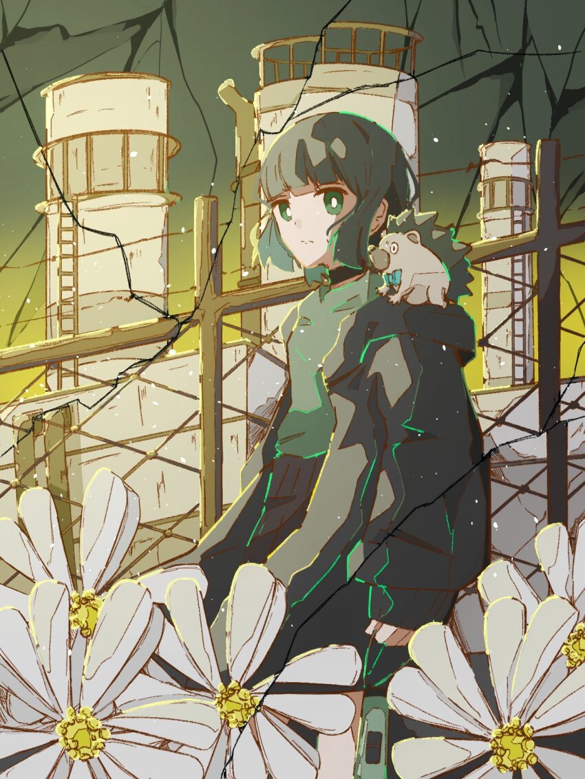 1girl, animal, animal_on_shoulder, black_choker, black_hair, black_jacket, black_skirt, choker