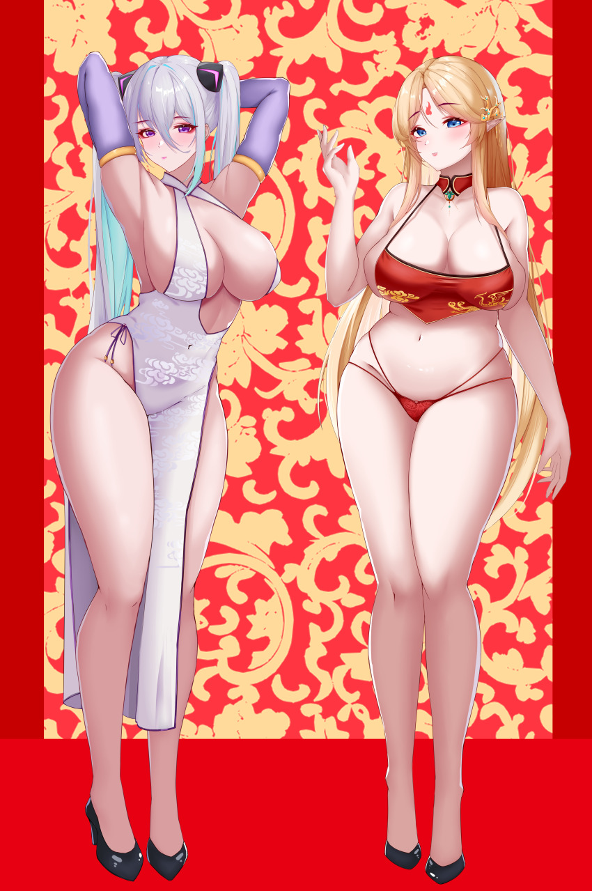 2girls, absurdres, armpits, arms_behind_head, azur_lane, bare_hips, bare_shoulders, blonde_hair
