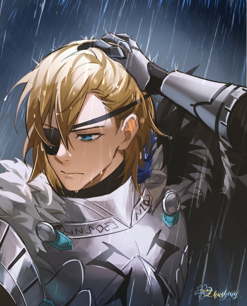 1boy, absurdres, arm_up, armor, artist_name, black_fur, blue_eyes, breastplate