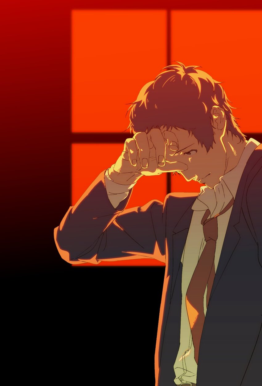 1boy, adachi_tooru, arm_up, closed_mouth, collared_shirt, gradient_background, grey_jacket, highres