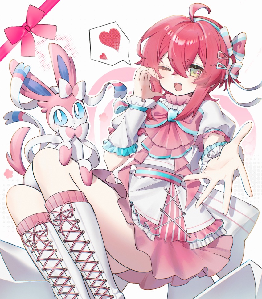 1girl, ;3, ahoge, artist_request, back_ribbon, belt, boots, creature_on_leg, cross-laced_clothes, cross-laced_skirt, crossed_bangs, detached_sleeves, dot_nose, double-parted_bangs, fang, feet_out_of_frame, flipped_hair, frilled_skirt, frilled_sleeves, frills, gen_6_pokemon, green_eyes, hair_ornament, hairclip, half-heart_hands, hand_up, heart, highres, idol_clothes, knees_up, lace-up_boots, layered_skirt, nintendo, one_eye_closed, open_hand, open_mouth, original, outline, pink_hair, pink_skirt, pokemon, pokemon_(creature), puffy_short_sleeves, puffy_sleeves, reaching, reaching_towards_viewer, ribbon, second-party_source, shirt, short_eyebrows, short_hair_with_long_locks, short_sleeves, sidelocks, skirt, solo, spoken_heart, sylveon, white_background, white_boots, white_outline, white_ribbon, white_shirt, white_sleeves