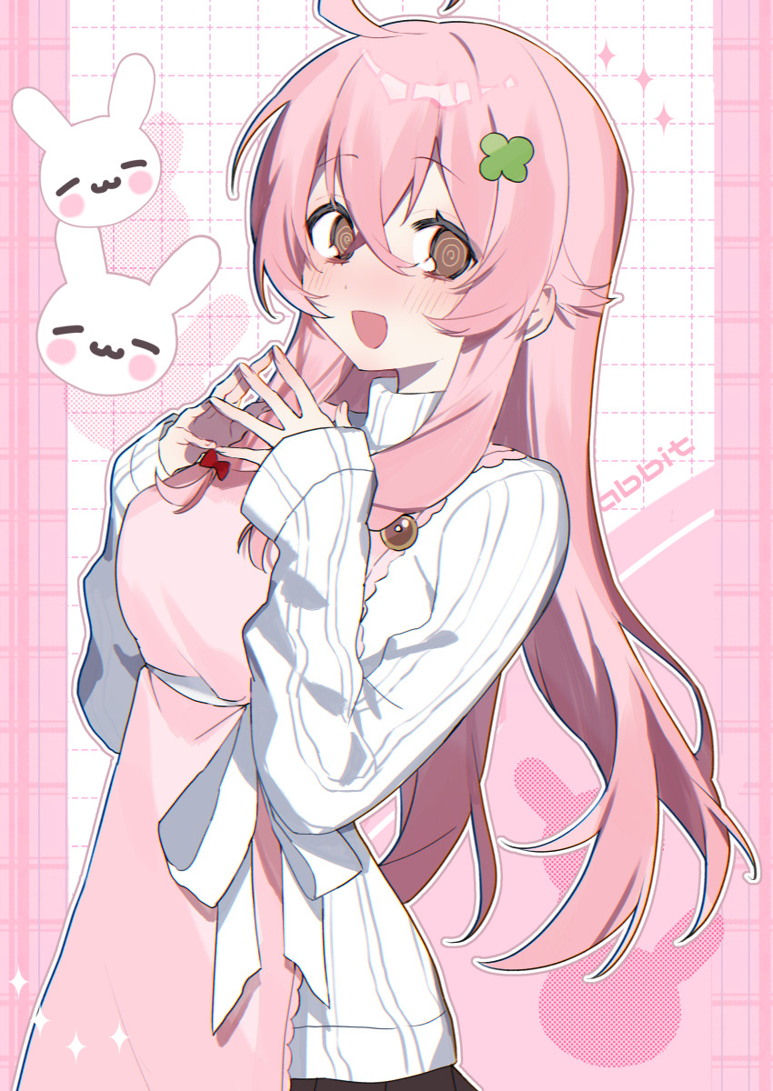 1girl, :d, absurdres, ahoge, akrngo_0708, apron, blush, border