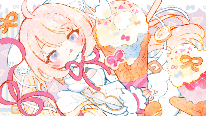 1girl, :q, ahoge, blonde_hair, blue_eyes, borrowed_character, closed_mouth, commission