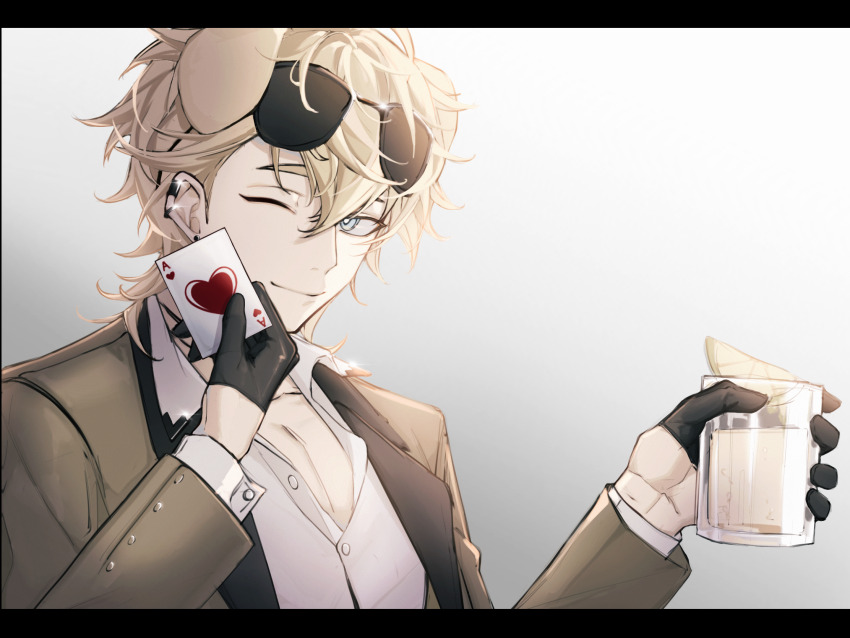 1boy, ace_(playing_card), alcohol, ambience_synesthesia, animal_ears, arknights, black_border, blonde_hair