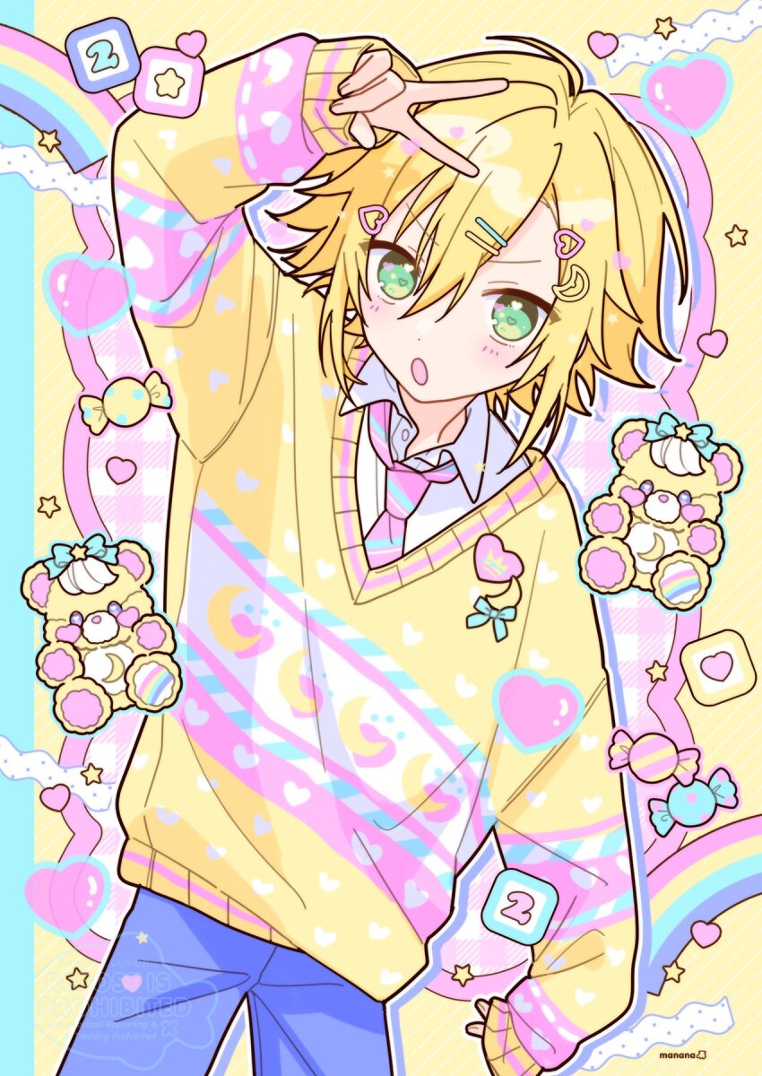 1boy, arm_up, artist_name, blonde_hair, blue_pants, care_bears, collared_shirt, cowboy_shot