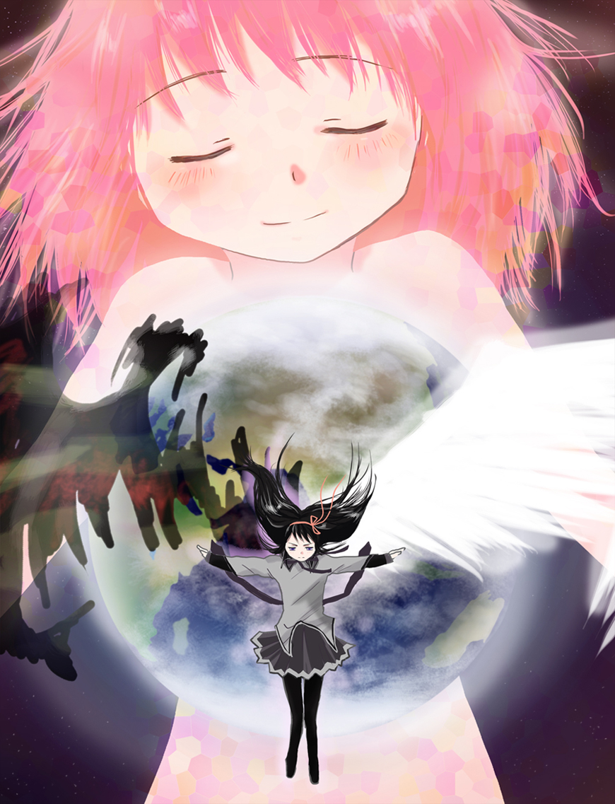 10s, 2girls, akemi_homura, akemi_homura_(magical_girl), alternate_hairstyle, angel_wings, asymmetrical_wings, asymmetry, bad_id, bad_pixiv_id, black_hair, black_wings_of_corrosion, closed_eyes, demon_wings, earth_(planet), falling, hair_down, hair_ribbon, hairband, kaname_madoka, long_hair, magical_girl, mahou_shoujo_madoka_magica, mahou_shoujo_madoka_magica_(anime), multiple_girls, nude, pantyhose, pink_hair, planet, purple_eyes, rabaro, ribbon, skirt, spoilers, ultimate_madoka, wings